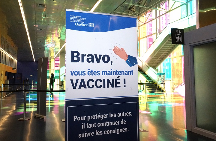 Sign indicating that you have received the vaccine against COVID-19 virus in Montreal, Que., Saturday, March 20, 2021. 
