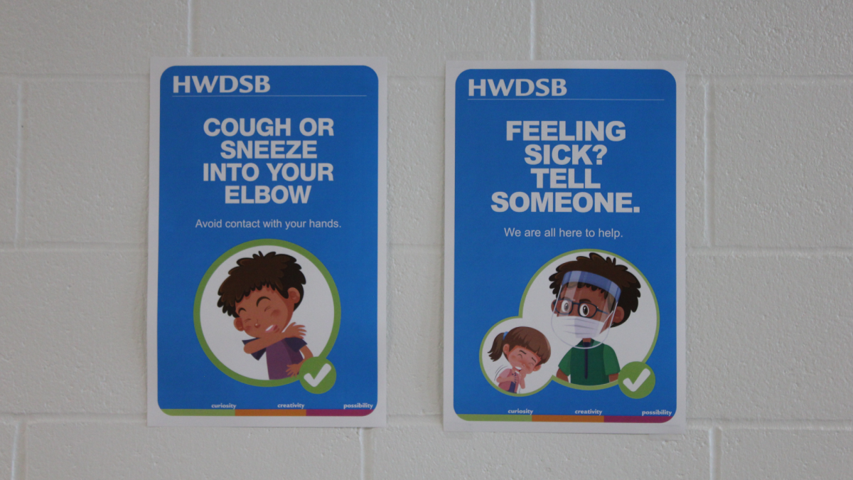 Indoor signs posted at a Hamilton public elementary school prior to a September 2020 return to in-person learning amid the COVID-19 pandemic.