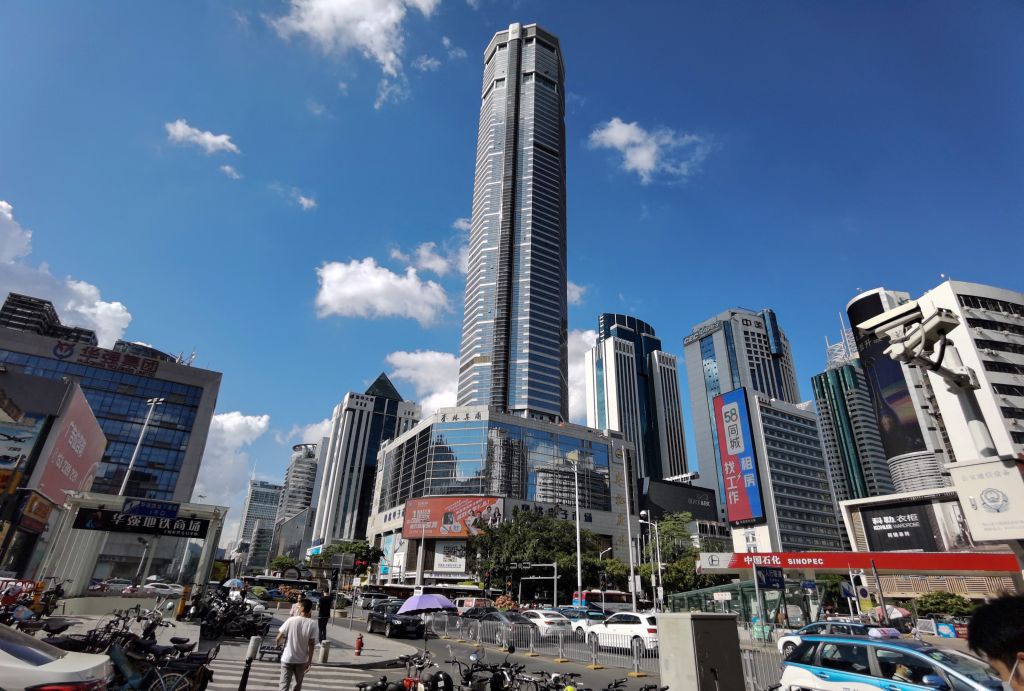 This picture shows the 300-metre SEG Plaza in Shenzhen in China’s southern Guangdong province on May 19, 2021, a day after it triggered widespread panic when it began shaking and was evacuated.