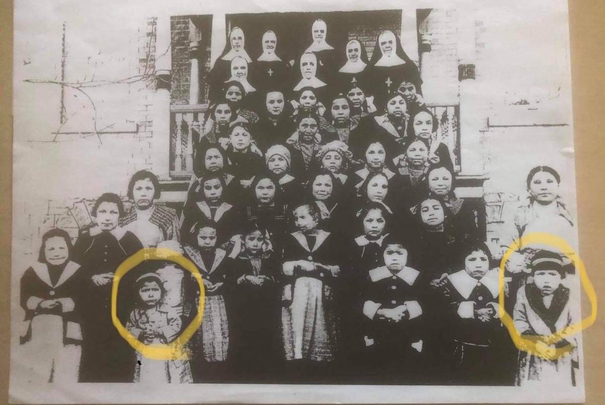 Eagleclaw Bunnie Thom’s kohkum, Matilda Lavallee Bunnie, (circled on the left) is seen here during a class photo at Marieval. Thom’s family believes the child circled on the right is her sister, but does not know her name.