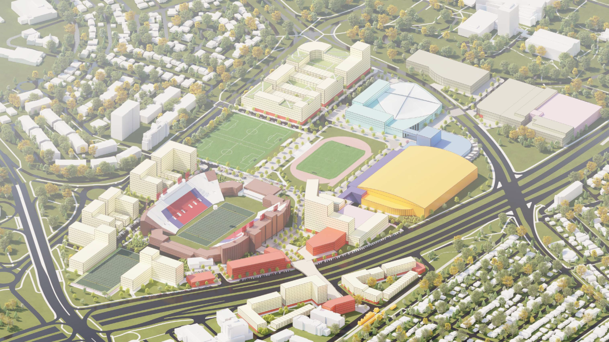 A conceptual rendering of a fully-developed Foothills Athletic Park with a new fieldhouse in yellow, part of a slide deck presented to a Calgary committee on June 14, 2021.