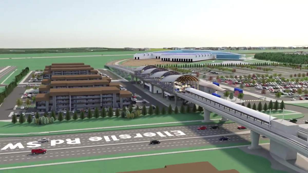 The elevated LRT station at the Heritage Valley Park and Ride transit centre, and raised tracks over Ellerslie Road in south Edmonton.