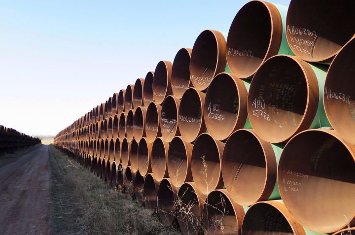 Pipes intended for construction of the Keystone XL pipeline are shown in Gascoyne, N.D. on Wednesday April 22, 2015. 