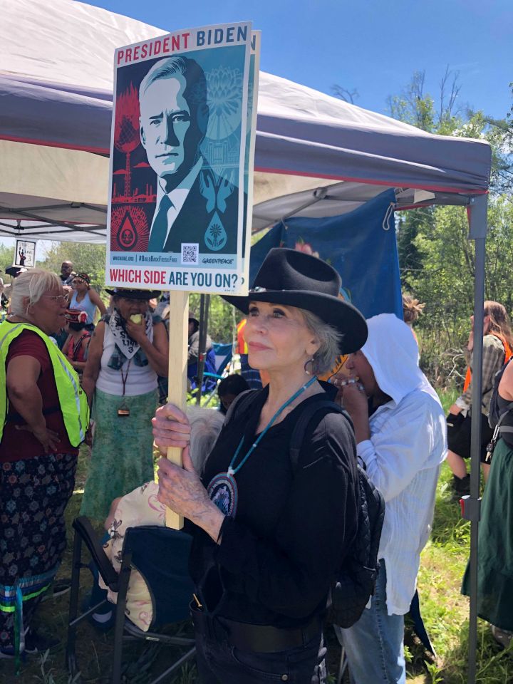 Activist Jane Fonda joins hundreds of protesters chanting “Stop Line 3!” and “Water is life!” gathered at the headwaters of the Mississippi River in in Solway, Minn., on Monday, June 7, 2021 to resist a Canadian-based company’s plan to replace an aging pipeline that carries crude oil from Alberta to Wisconsin.