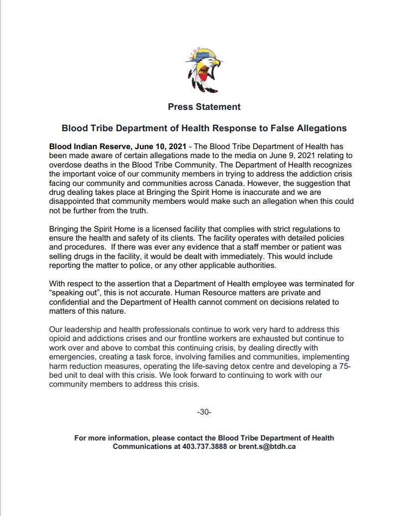 Blood Tribe Department of Health statement.