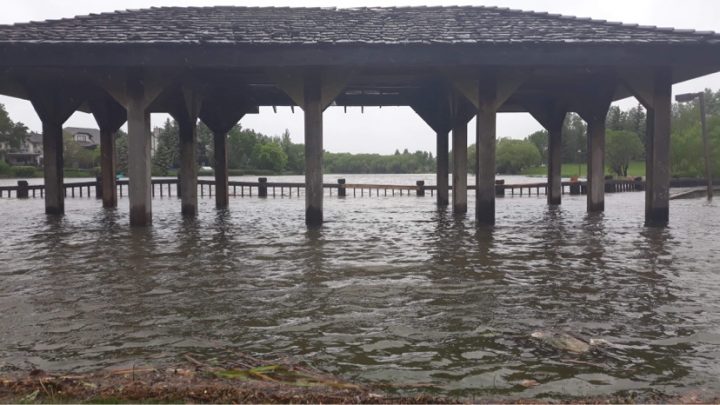A structure in the Lakewood area of Regina sits underwater.