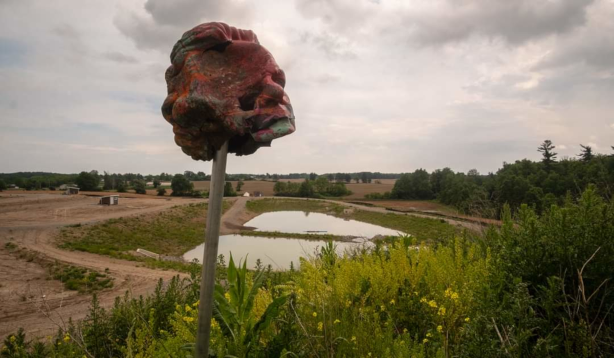 The head from the toppled Egerton Ryerson statue turned up at 1492 Landback Lane in Caledonia on Monday. The statue was removed from the university that is the namesake of the former educator and minister.