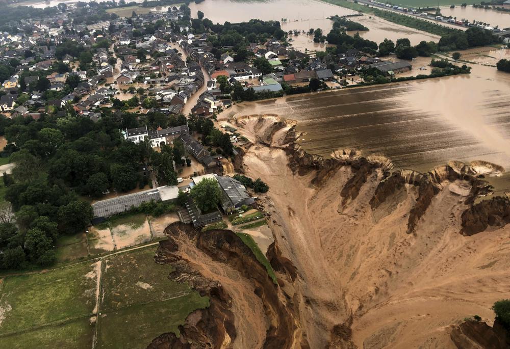 This image provided on Friday, July 16, 2021 by the Cologne district government shows the Blessem district of Erftstadt in Germany.