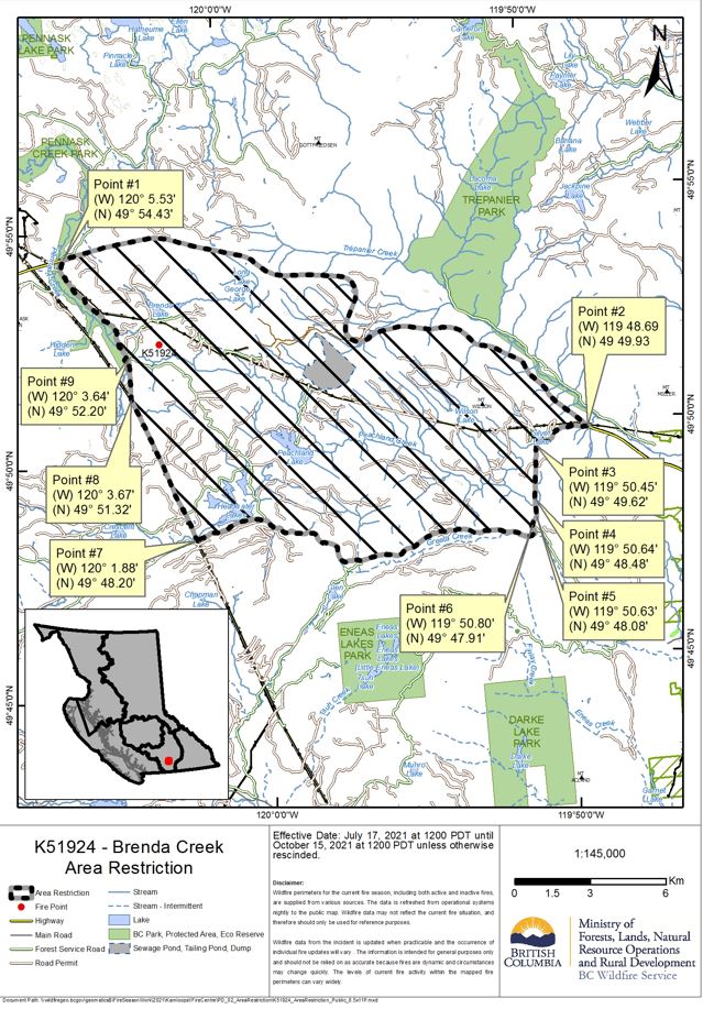 A map showing an area restriction order for the Brenda Creek wildfire. The area restriction order will take effect at noon on July 17 and will remain in effect until Oct. 15 or until it’s rescinded.