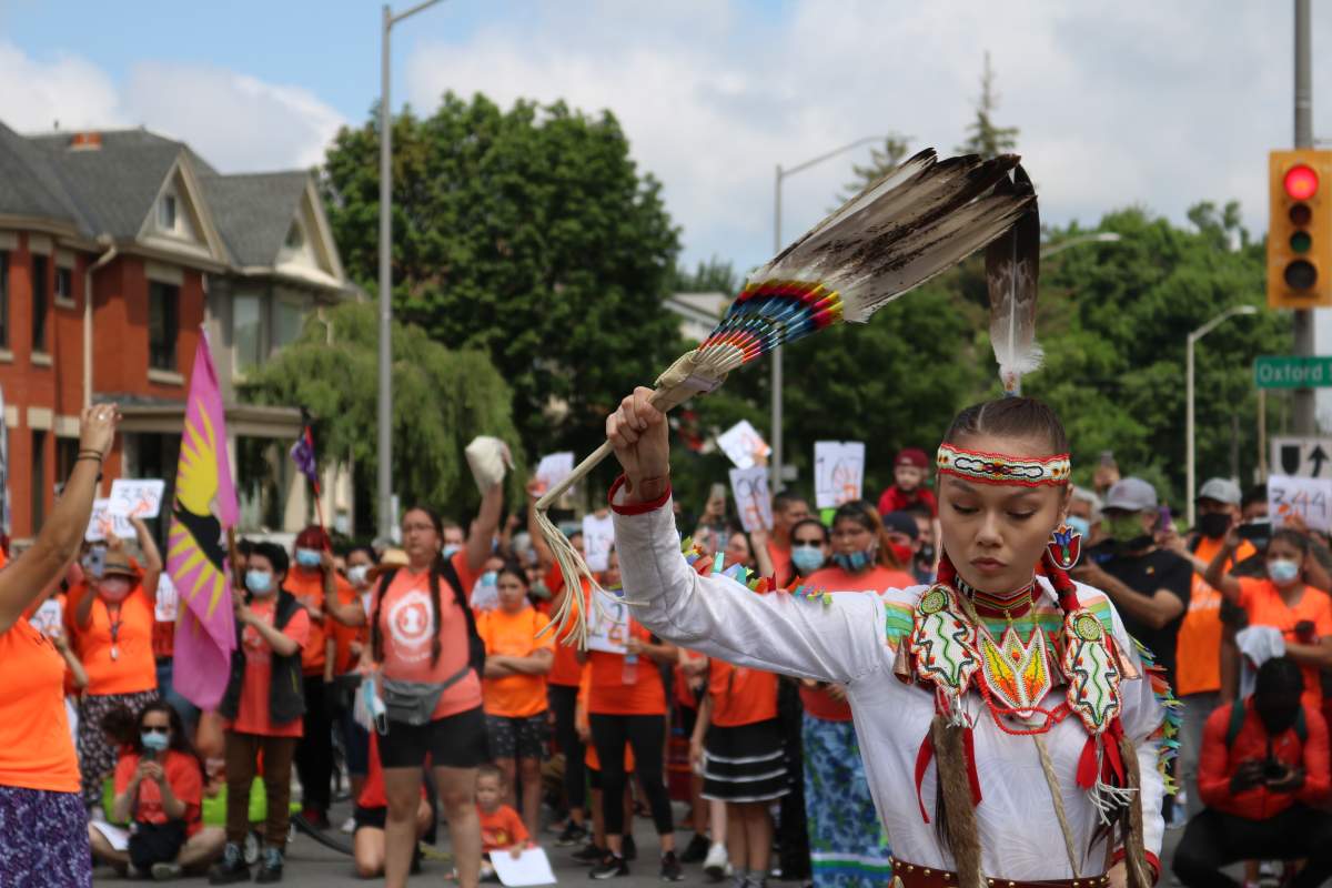 Debwaywin Deleary-Miskokomon, jingle dress dancer, Chippewa of the Thames First Nation at the Turtle Island Healing Walk on July 1, 2021.