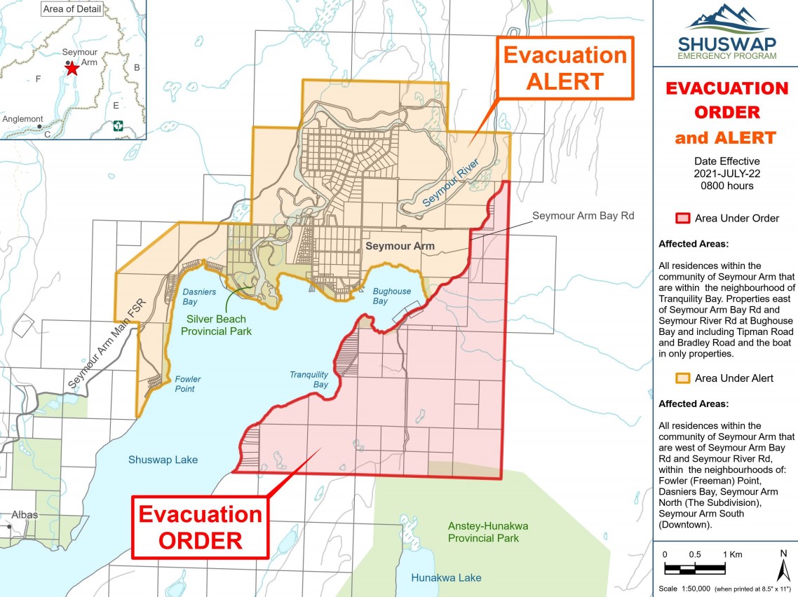 The evacuation order affects approximately 39 people on the east side of Seymour Arm, and firefighters went door-to-door to ensure people were notified.