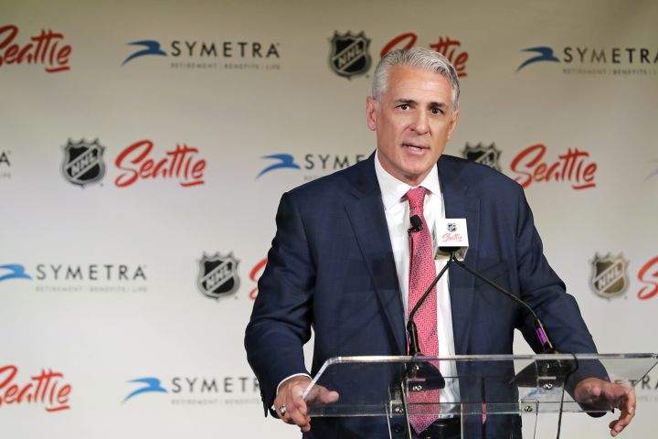 In this Thursday, July 18, 2019 file photo, Ron Francis talks to reporters in Seattle after he was introduced as the first general manager for Seattle’s yet-to-be-named NHL hockey expansion team. Four years since George McPhee was a “puppet master” of the NHL leading up to the Vegas expansion draft, general managers approached this trade deadline with Seattle’s upcoming addition to the league in mind. While Kraken GM Ron Francis prepares – and maybe made a handshake deal or two already like McPhee did – Seattle was on his colleagues’ minds.
