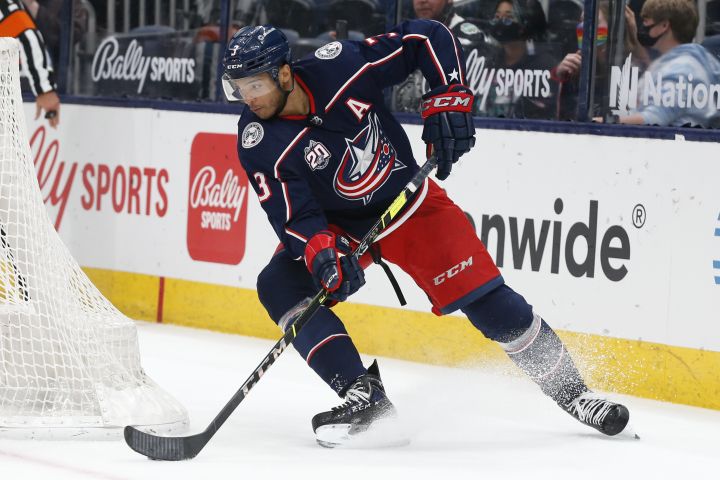 FILE – In this May 3, 2021, file photo, Columbus Blue Jackets’ Seth Jones plays against the Nashville Predators during an NHL hockey game in Columbus, Ohio.
