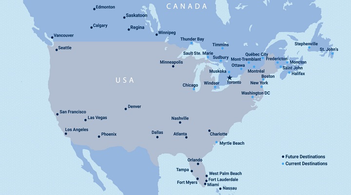 A map released by Porter Airlines on Monday shows current and potential destinations as the company prepares to embark on a major expansion.