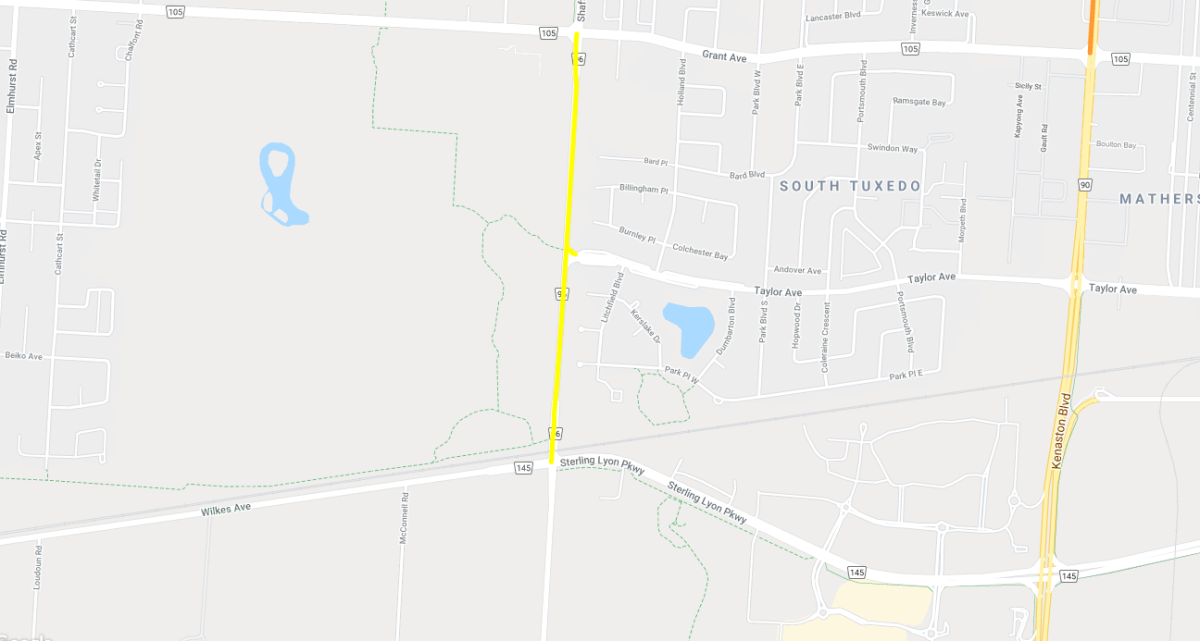 This stretch of Shaftsbury Blvd., (yellow, middle) will close from Sunday morning until the long weekend.