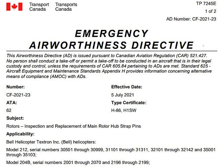 Transport Canada issued an emergency airworthiness directive this week aimed at four types of Bell helicopters following a fatal crash in Alberta last month.  