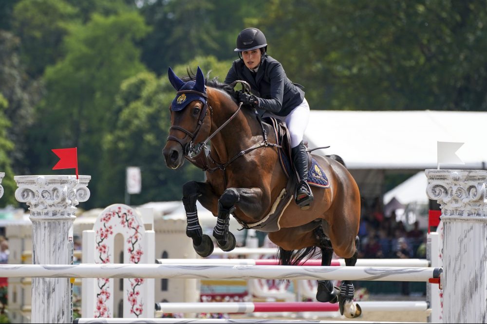 Jessica Springsteen riding Don Juan van de Donkhoeve competes in the Manama Speed Stakes at the Royal Windsor Horse Show, Windsor.