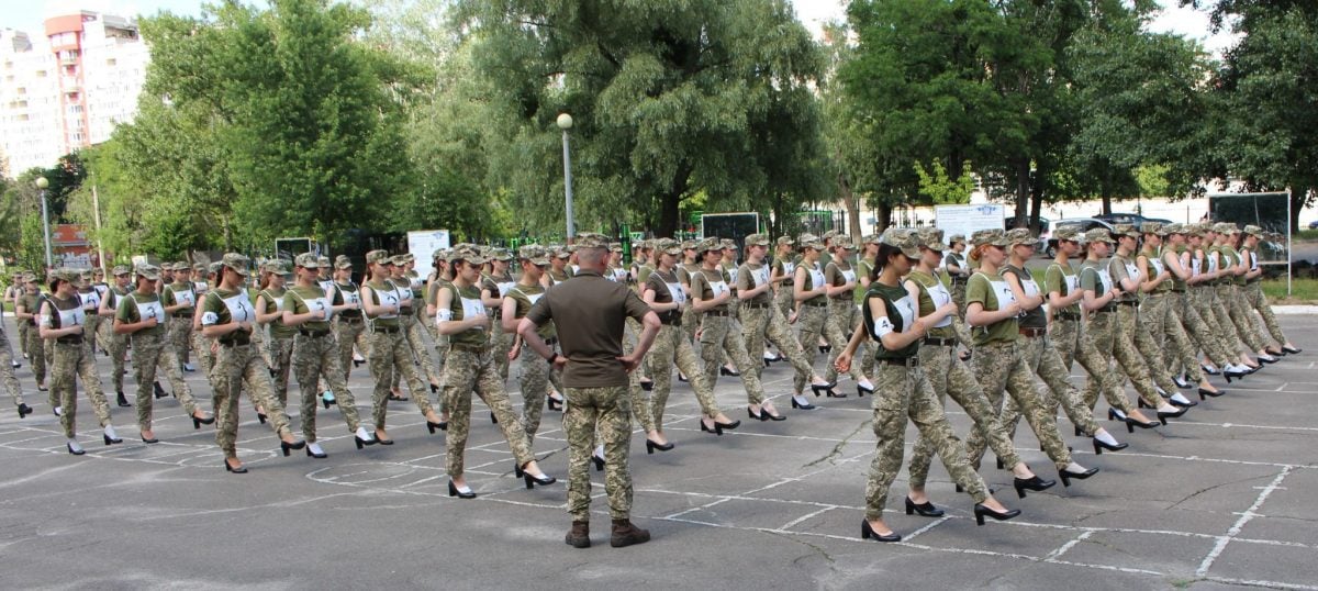 Ukrainian cadets march in pumps in this image released on July 1, 2021.