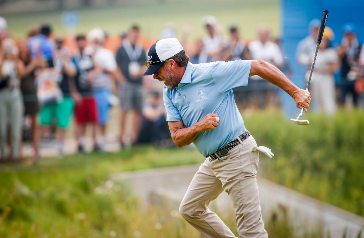 Doug Barron, of the United States, celebrates winning the PGA Tour Champion’s Shaw Charity Classic golf event in Calgary, Alta., Sunday, Aug. 15, 2021.