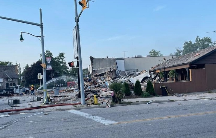 Damaged buildings can be seen in Wheatley, Ont.
