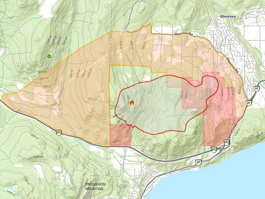 A map showing the perimeter of the Mount Law wildfire in the Central Okanagan, including areas under evacuation alert in yellow and evacuation order in red.