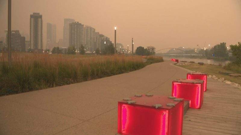 Smoke is seen in Calgary on Monday, Aug. 16, 2021.