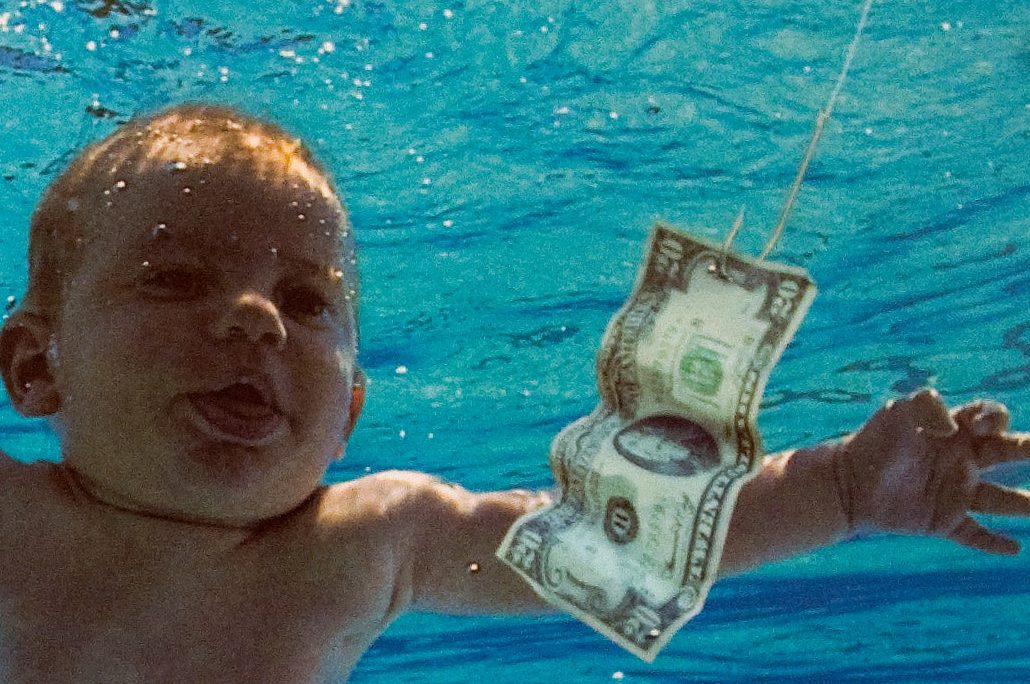 The cover of Nirvana’s album ‘Nevermind’ is shown at an exhibit in London on Sept. 13, 2011.