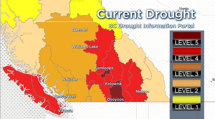 Current drought conditions across Southern B.C. according to B.C.’s Drought Information Portal.