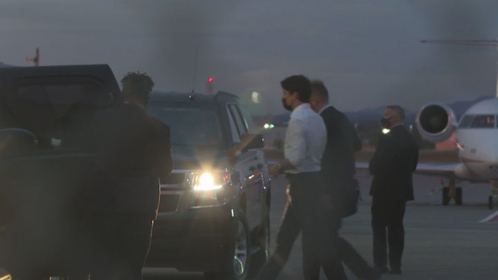 Trudeau pictured early on Saturday after welcoming the ‘Two Michaels’ in Calgary.