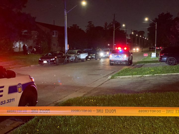 Police at the scene of the shooting in the area of Airport and Derry roads Friday.