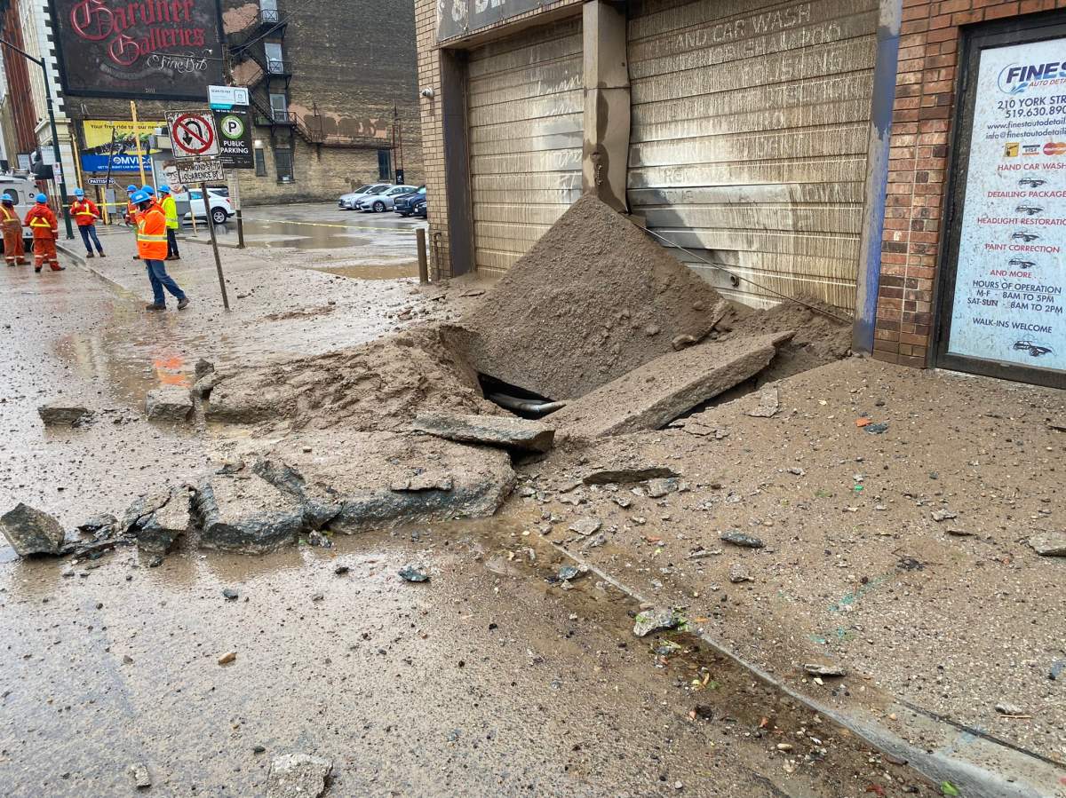 The scene of Friday's steam explosion near York and Clarence Streets in downtown London, Oct. 29, 2021.