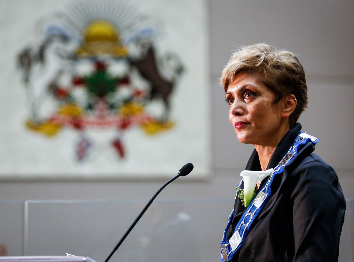 Jyoti Gondek speaks to the media after being sworn-in as the new mayor of Calgary in Calgary, Alta., Monday, Oct. 25, 2021.