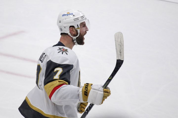 Vegas Golden Knights defenceman Alex Pietrangelo celebrates his overtime goal on Minnesota Wild goaltender Cam Talbot during an NHL hockey game Wednesday, May 5, 2021, in St. Paul, Minn. The Golden Knights won 3-2.