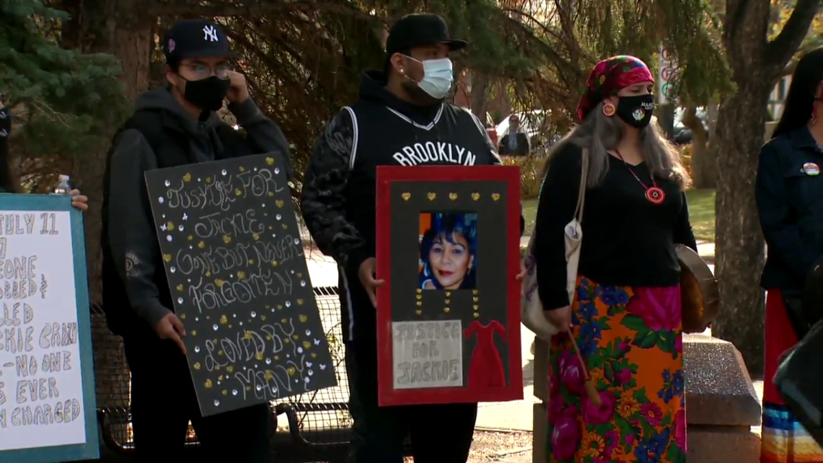 People gathered to honour Jackie Crazy Bull in Calgary on Saturday, Oct. 16, 2021.