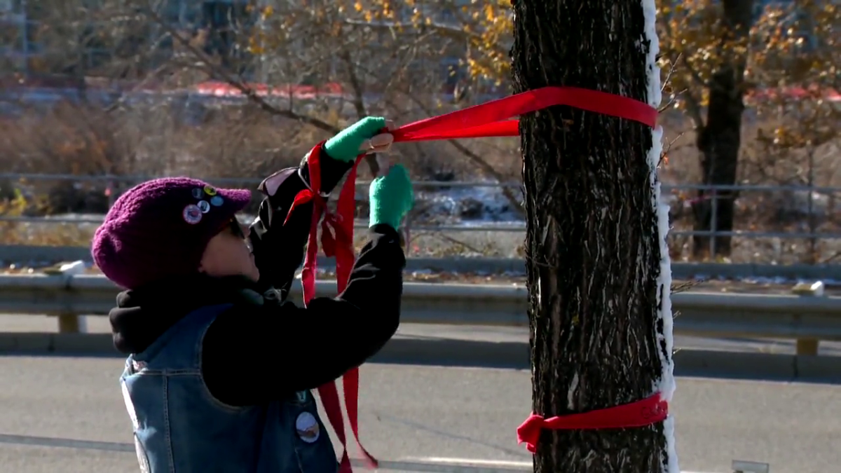 People hung up MMIWG ribbons in Calgary on Saturday, Oct. 30, 2021.