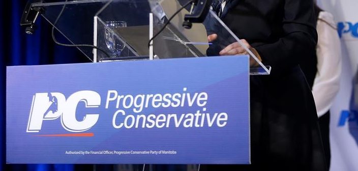 Manitoba Progressive Conservative party logo seen at an event.