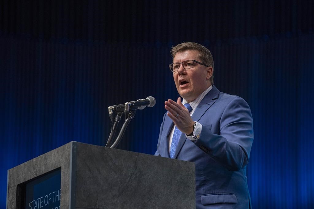 Saskatchewan Premier Scott Moe speaks in Saskatoon, Sask., on Oct. 25, 2021. THE CANADIAN PRESS/Liam Richards.