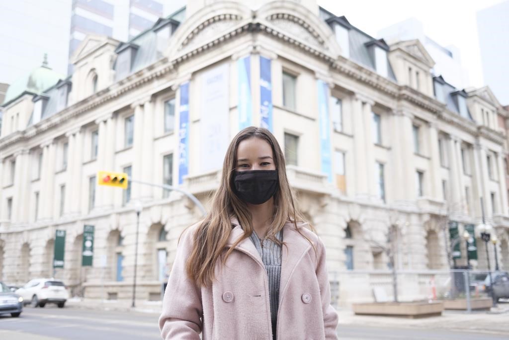 Ariana Donovan poses for a photo at the Cornwall Centre, in Regina, Thursday, Nov. 25, 2021. Donovan, who works as a model, says contract workers should be better protected under provincial occupational health and safety rules. THE CANADIAN PRESS/Michael Bell.