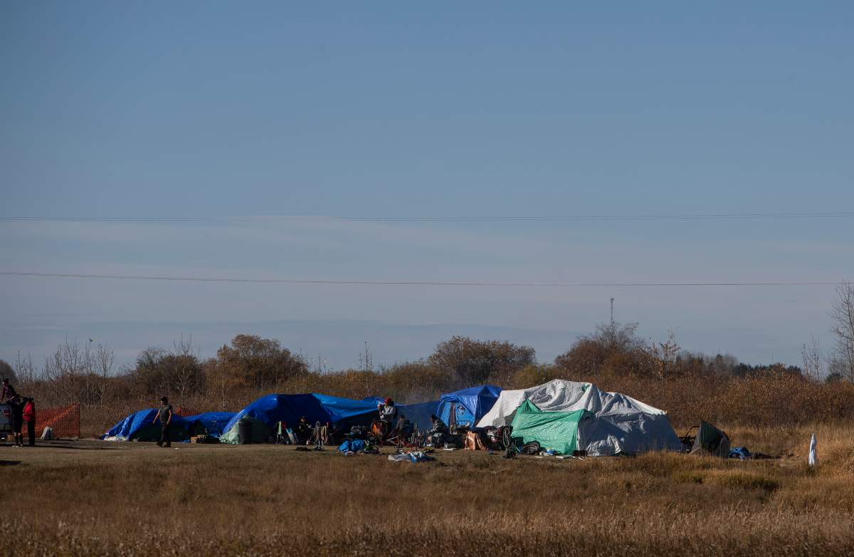 A homeless encampment set up in Wetaskiwin Alta. is shown on Saturday, Oct. 9, 2021.