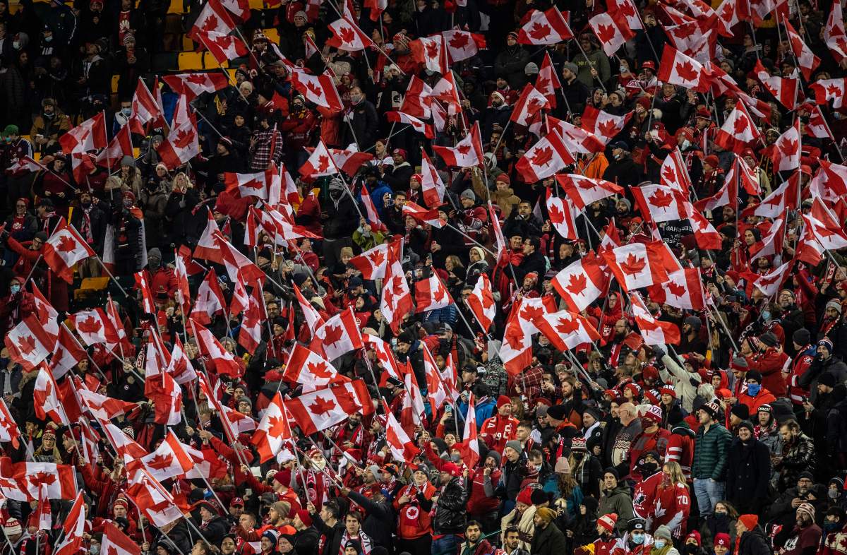 Fans cheer for Team Canada as they take on Costa Rica during the World Cup qualifier soccer action in Edmonton on Friday, Nov. 12, 2021.