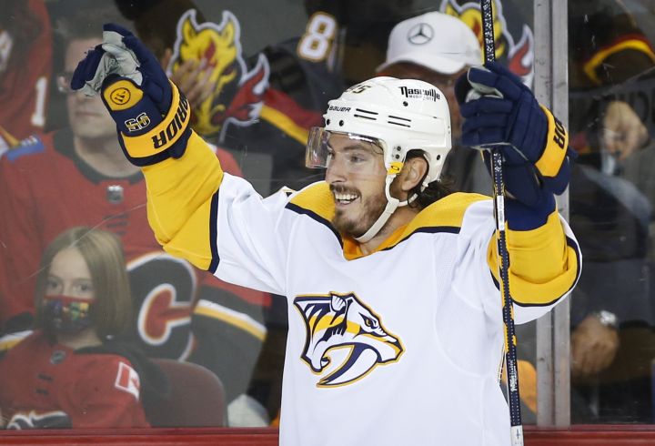 Nashville Predators’ Matt Duchene celebrates his game-winning goal during overtime NHL hockey action against the Calgary Flames in Calgary, Tuesday, Nov. 2, 2021.