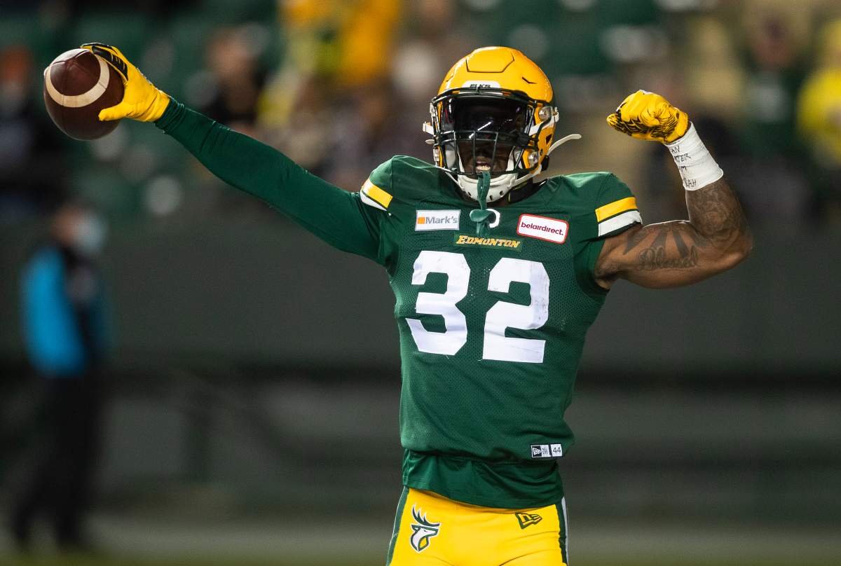 Edmonton Elks' James Wilder Jr. (32) celebrates a touchdown against the Winnipeg Blue Bombers during first half CFL action in Edmonton, Alta., on Saturday, September 18, 2021. 
