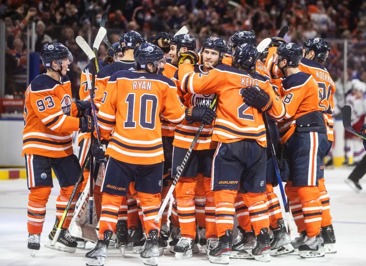 Edmonton Oilers players celebrate the win over the New York Rangers in overtime NHL action in Edmonton on Friday, November 5, 2021.