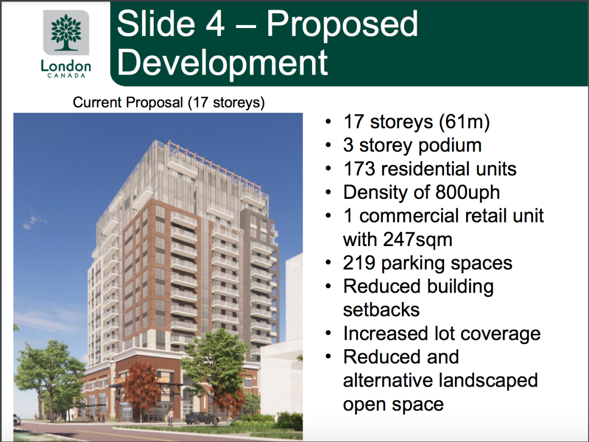 A slide from a City of London presentation on Auburn Development’s rezoning application for an apartment at 560 and 562 Wellington St.
