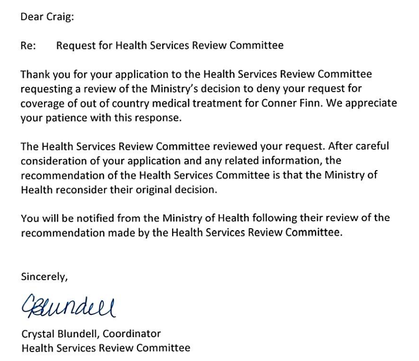 A note from Saskatchewan’s Health Services Review Committee recommends the Ministry of Health reconsider coverage of Conner Finn’s out-of-country medical coverage. Courtesy: Saskatchewan NDP