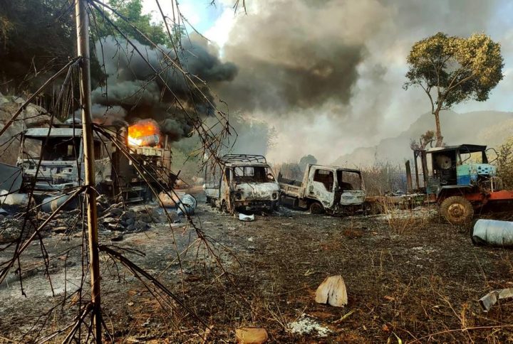 In this photo provided by the Karenni Nationalities Defense Force (KNDF), smokes and flames billow from vehicles in Hpruso township, Kayah state, Myanmar, Friday, Dec. 24, 2021. 