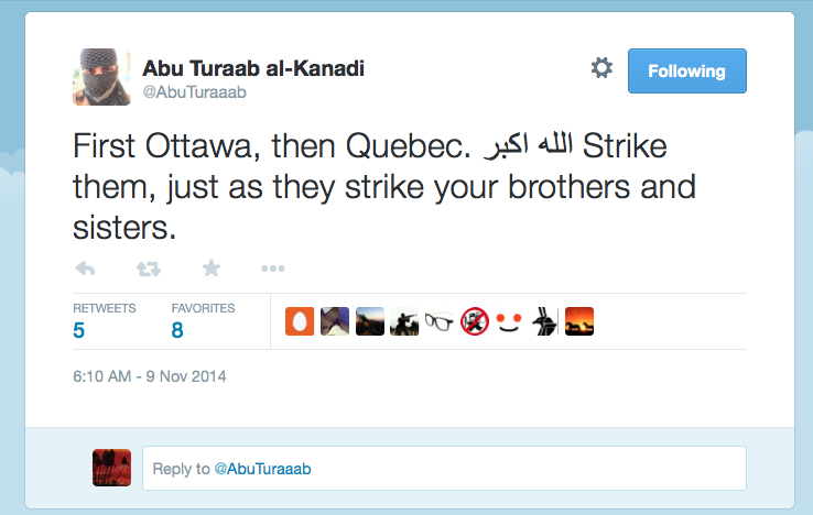 A Twitter post calling for terrorist attacks in Canada. The RCMP has linked the account to Canadian Muhammad Ali.
