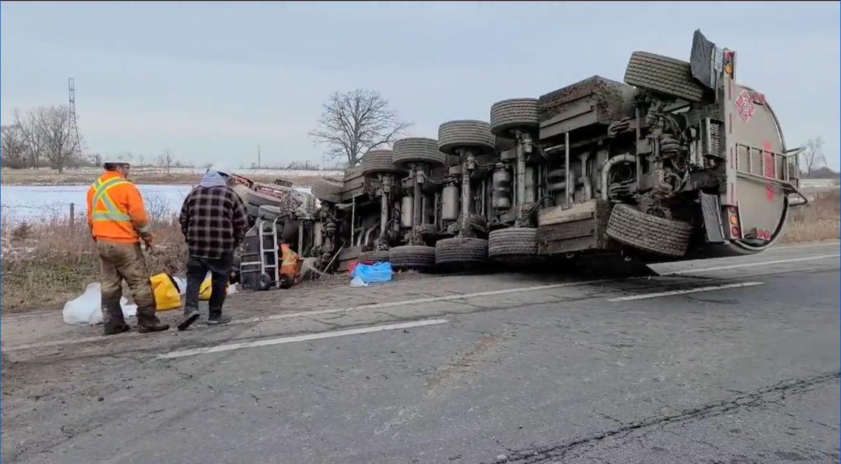 Transport truck rolled over on Highway 402 in the westbound lane west of London Ont., Dec. 1, 2021.