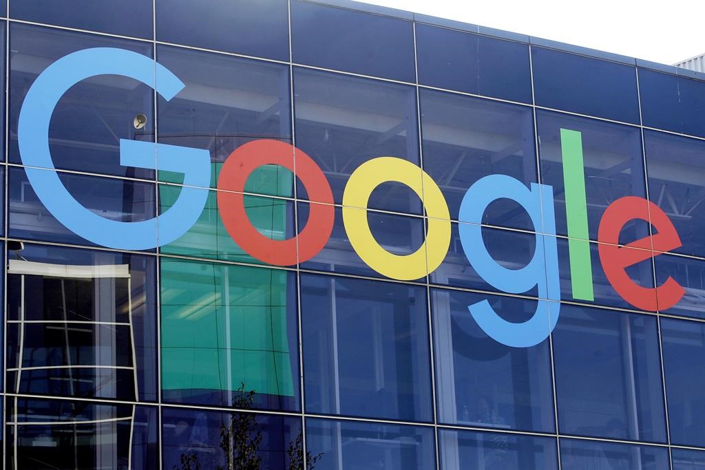 A sign is shown on a Google building at their campus in Mountain View, California.