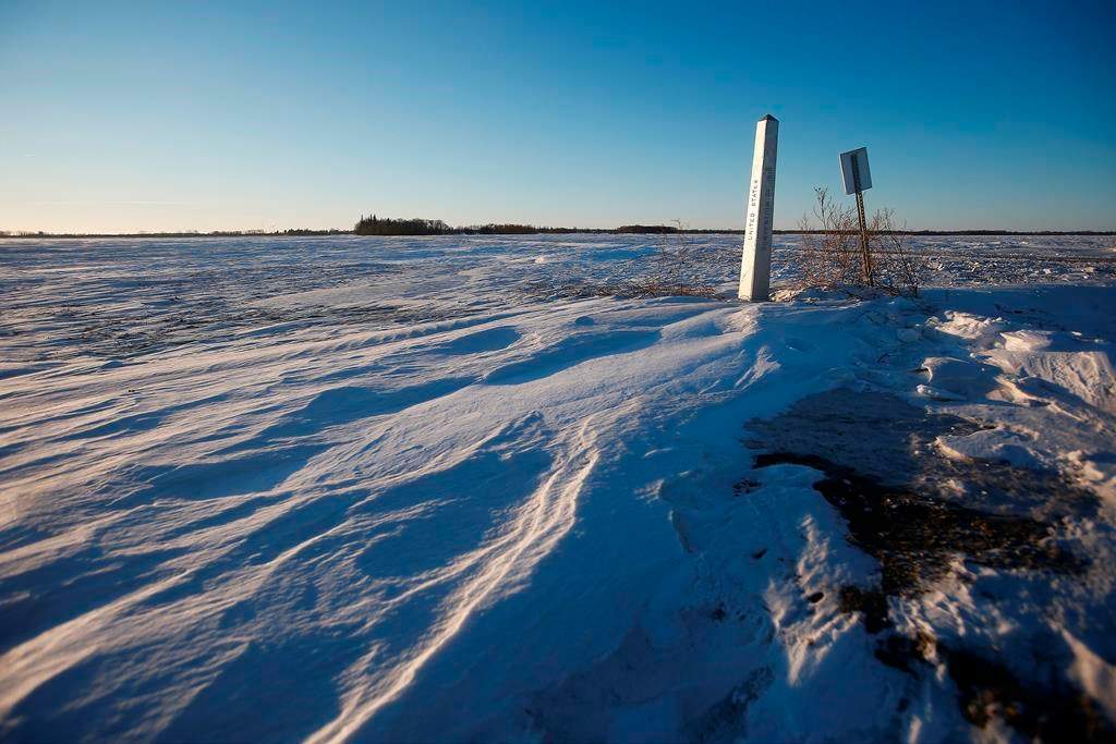 A border marker is shown just outside of Emerson, Man. on Thursday, Jan. 20, 2022. 